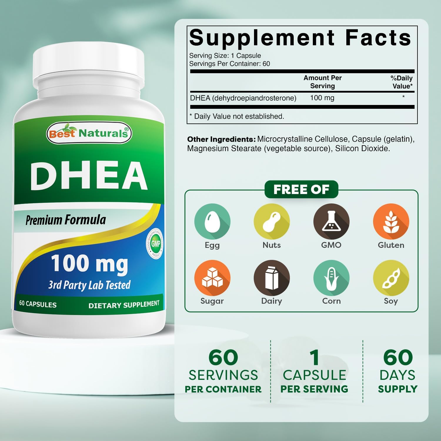 Natural DHEA 100mg Capsules for Hormone Balance & Healthy Aging - 60 Count - Made in USA - Men & Women Support - BoostGo Australia