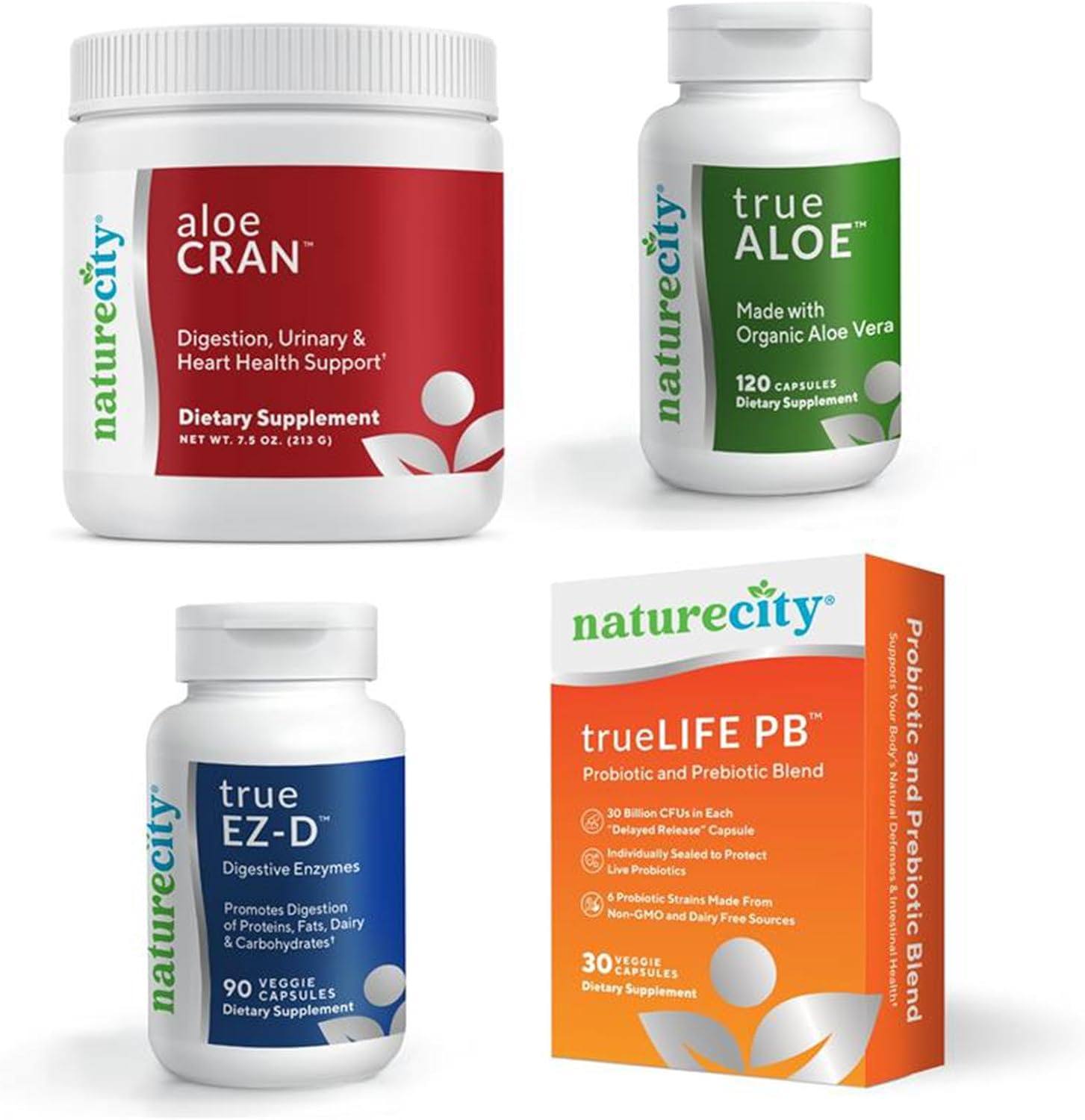 Natural Digestive Health Bundle: True-Aloe, Aloe-Cran, True-EZ-D, True-Life-PB by NatureCity