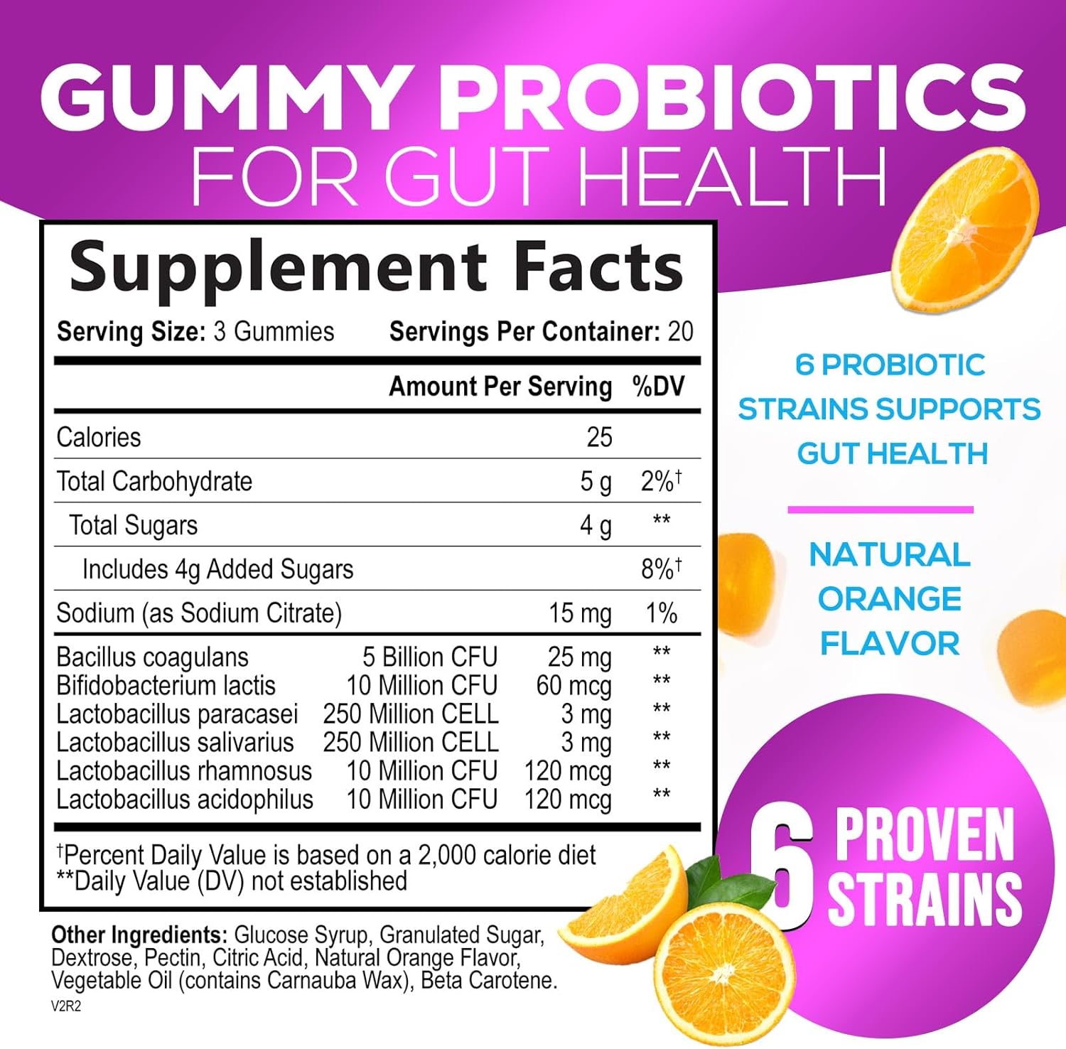 Natural Digestive Health Probiotic Gummies - 5 Billion CFUs, 6 Strains, Orange Flavor - Gut & Immune Support - 60 Count