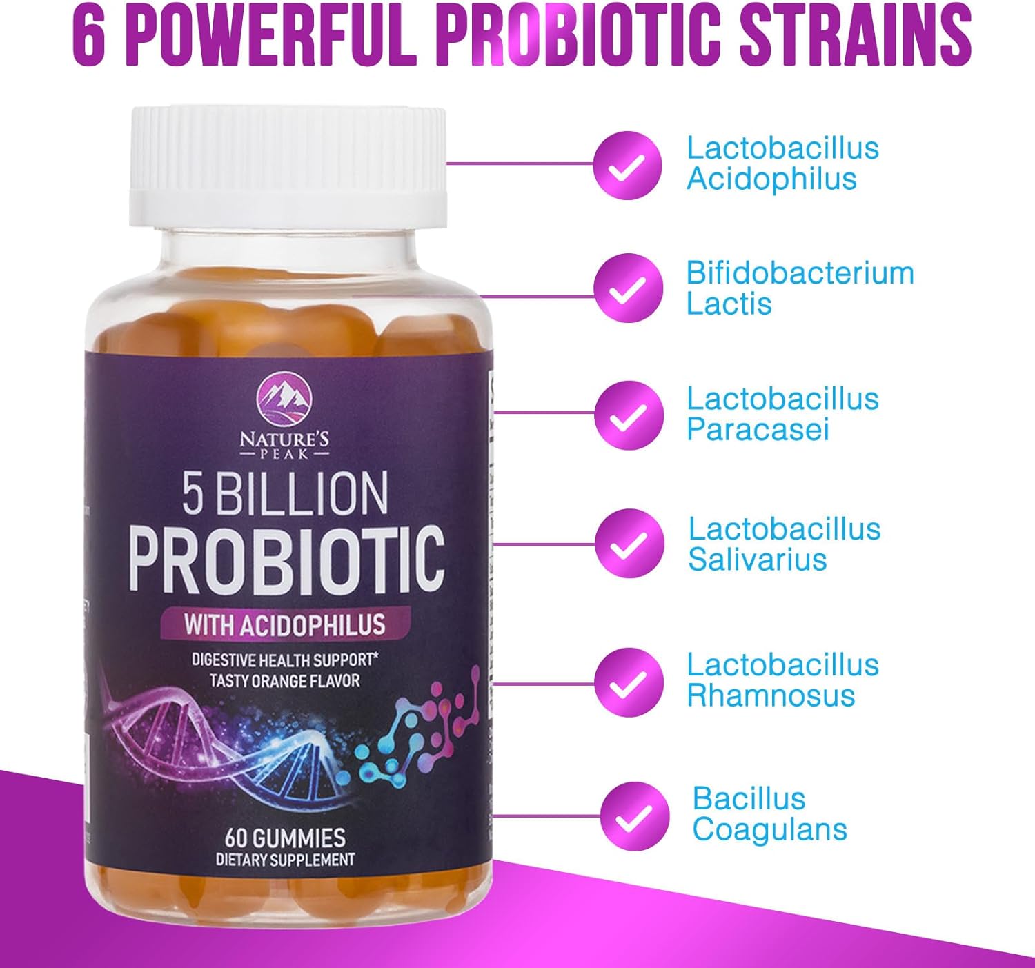 Natural Digestive Health Probiotic Gummies - 5 Billion CFUs, 6 Strains, Orange Flavor - Gut & Immune Support - 60 Count