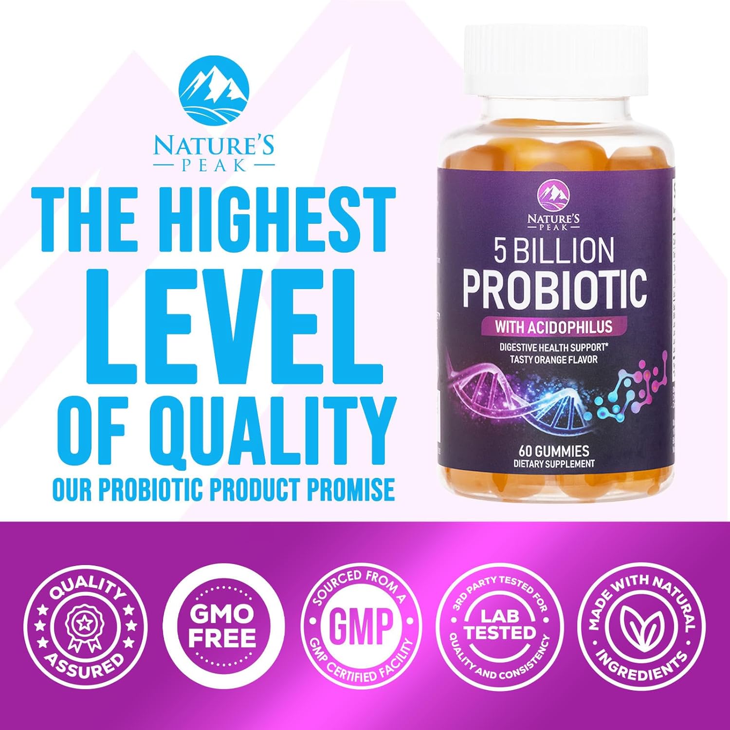 Natural Digestive Health Probiotic Gummies - 5 Billion CFUs, 6 Strains, Orange Flavor - Gut & Immune Support - 60 Count