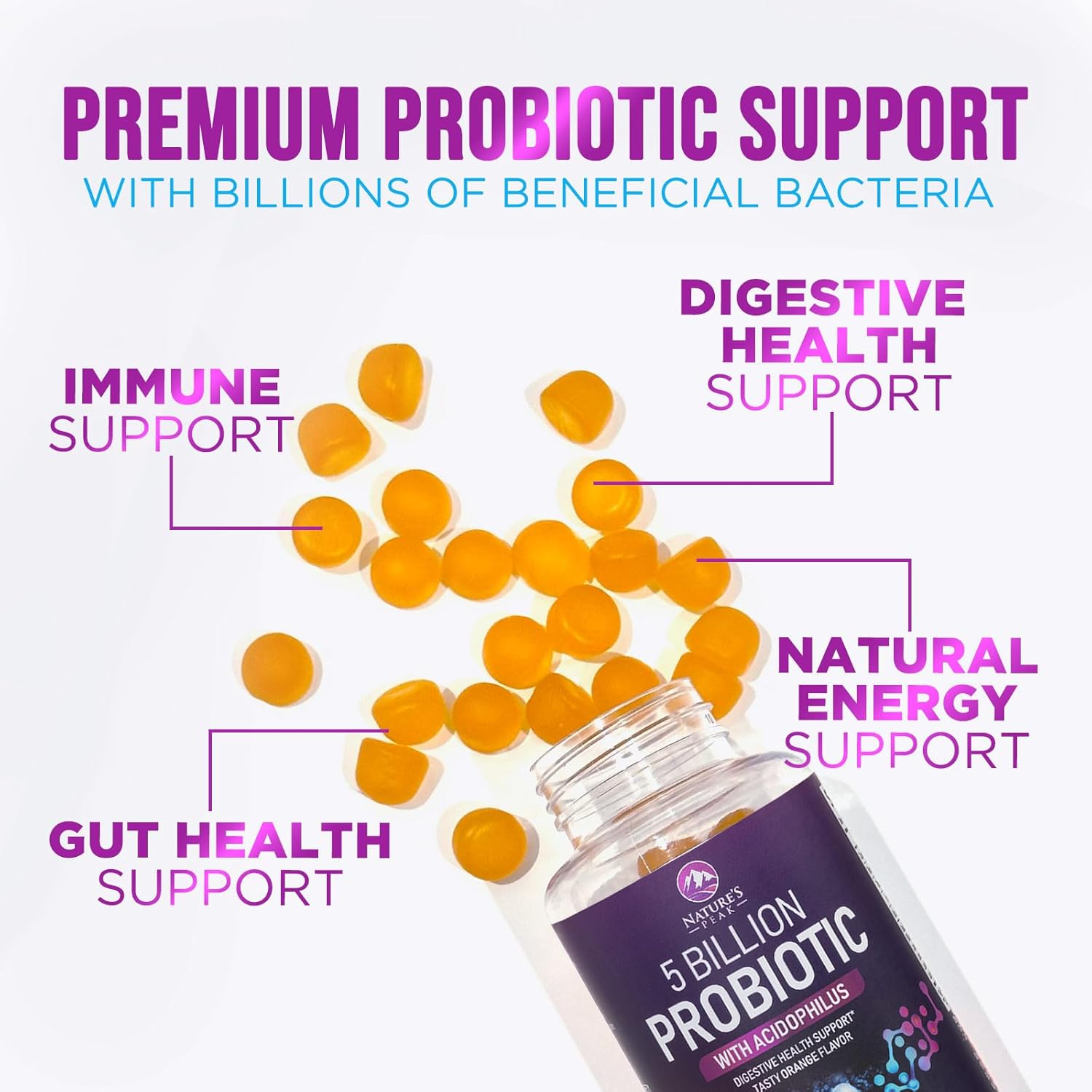 Natural Digestive Health Probiotic Gummies - 5 Billion CFUs, 6 Strains, Orange Flavor - Gut & Immune Support - 60 Count