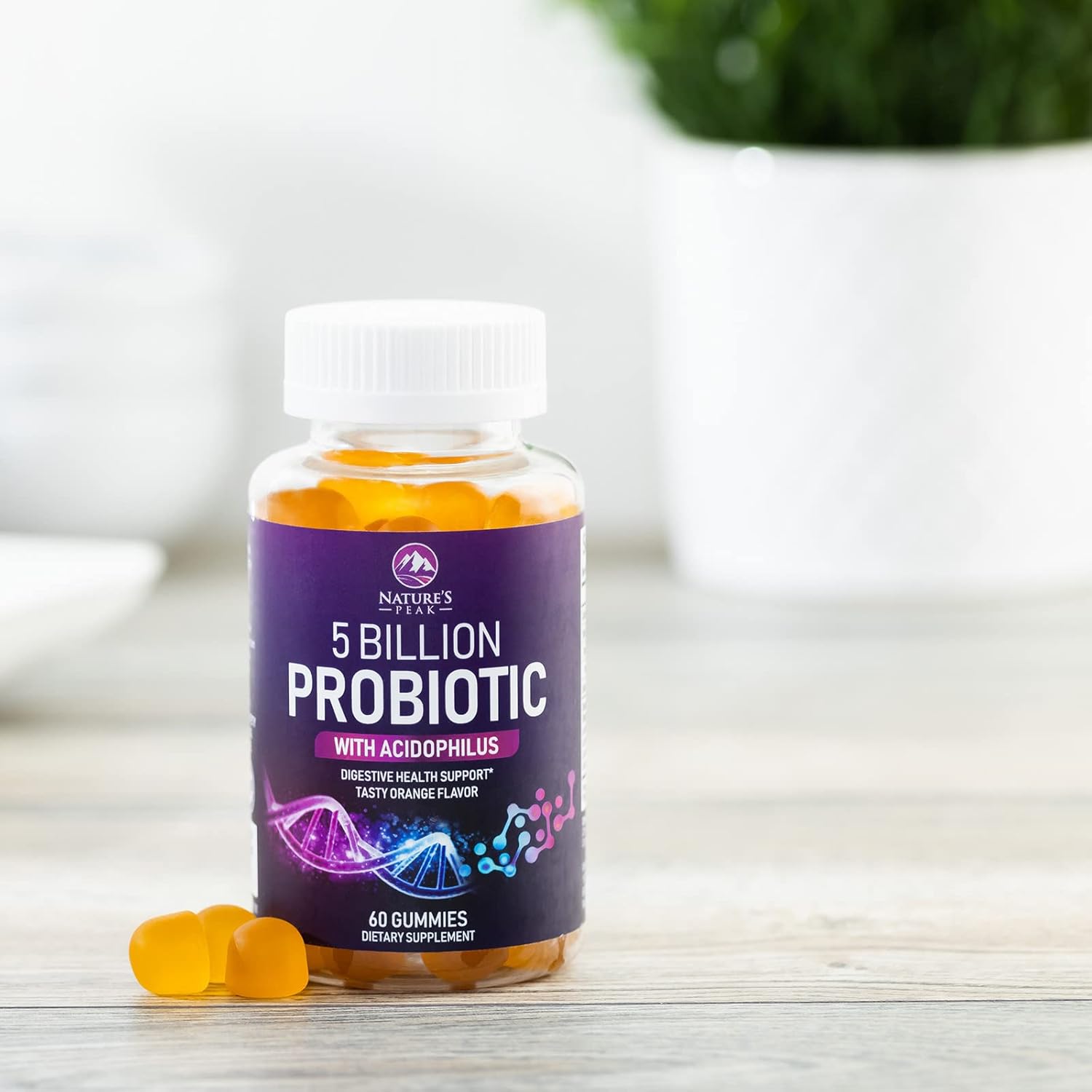 Natural Digestive Health Probiotic Gummies - 5 Billion CFUs, 6 Strains, Orange Flavor - Gut & Immune Support - 60 Count
