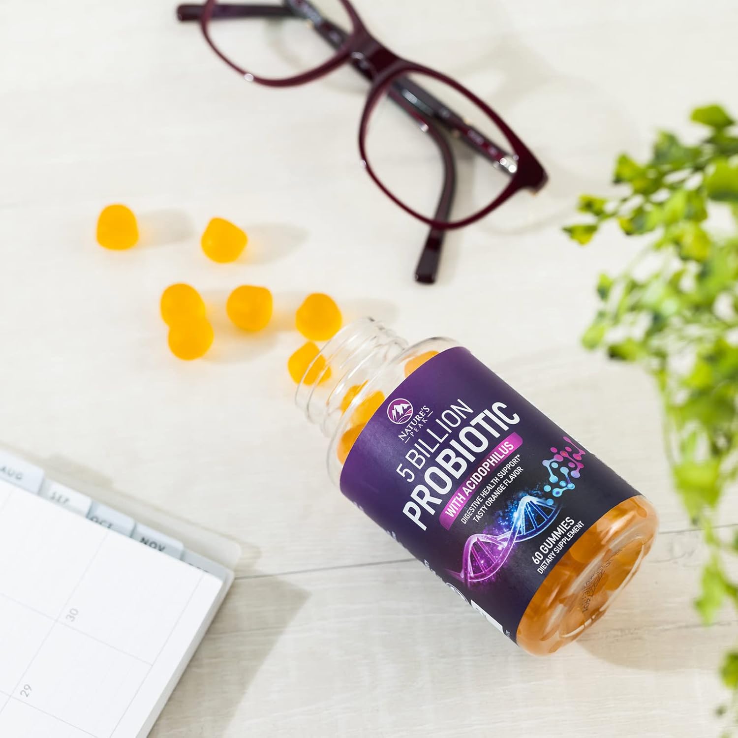 Natural Digestive Health Probiotic Gummies - 5 Billion CFUs, 6 Strains, Orange Flavor - Gut & Immune Support - 60 Count