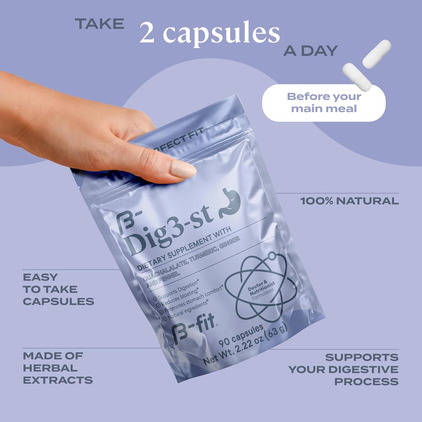 Natural Digestive Support Herbal Supplement with Ginger, Turmeric, Fennel, and Cuachalalate - 60 Capsules - Supports Normal Digestion - 100% Natural