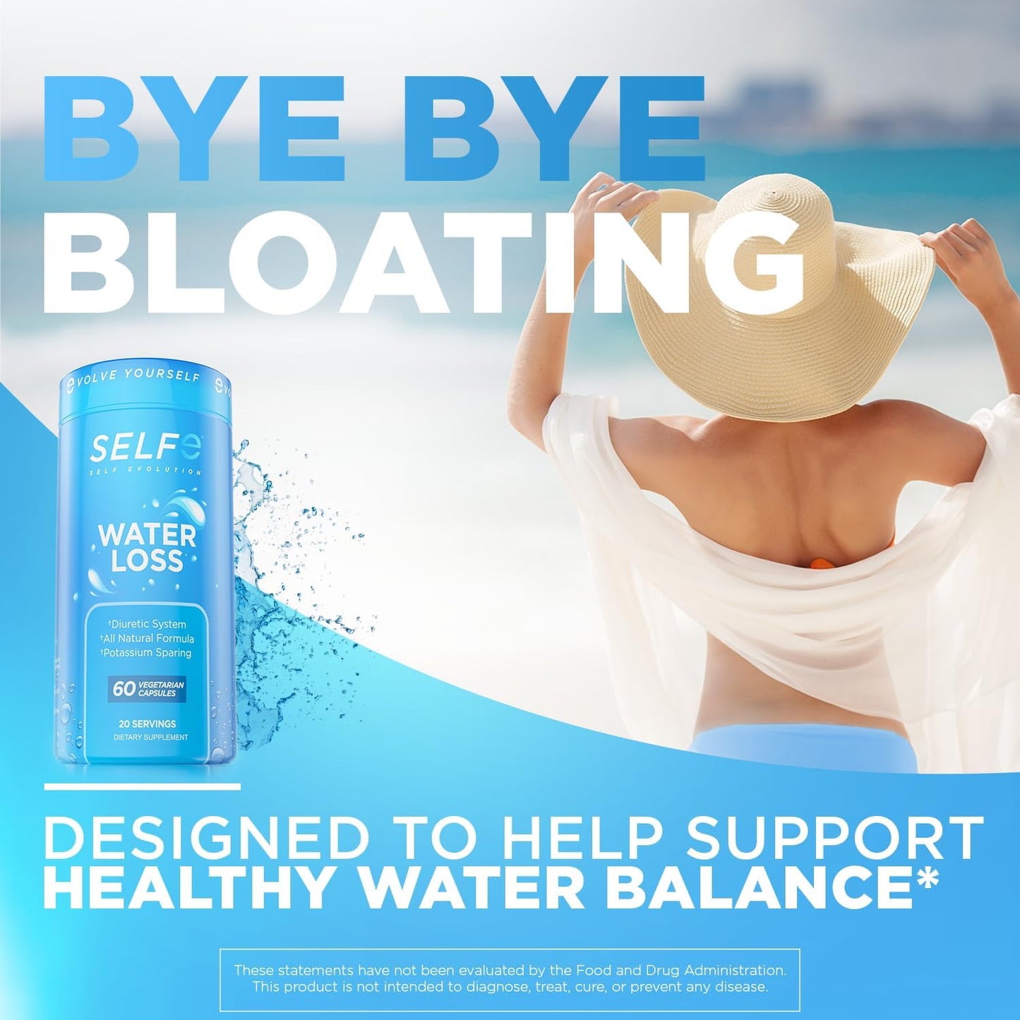 Natural Diuretic Water Pills for Fast Bloating Relief - 60 Veg Capsules for Men and Women - Selfevolve Water Loss Supplement