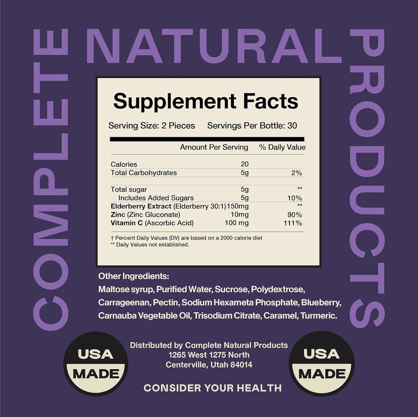Natural Elderberry Gummies with Zinc, Vitamin C - 60 Count - Complete Immune Support