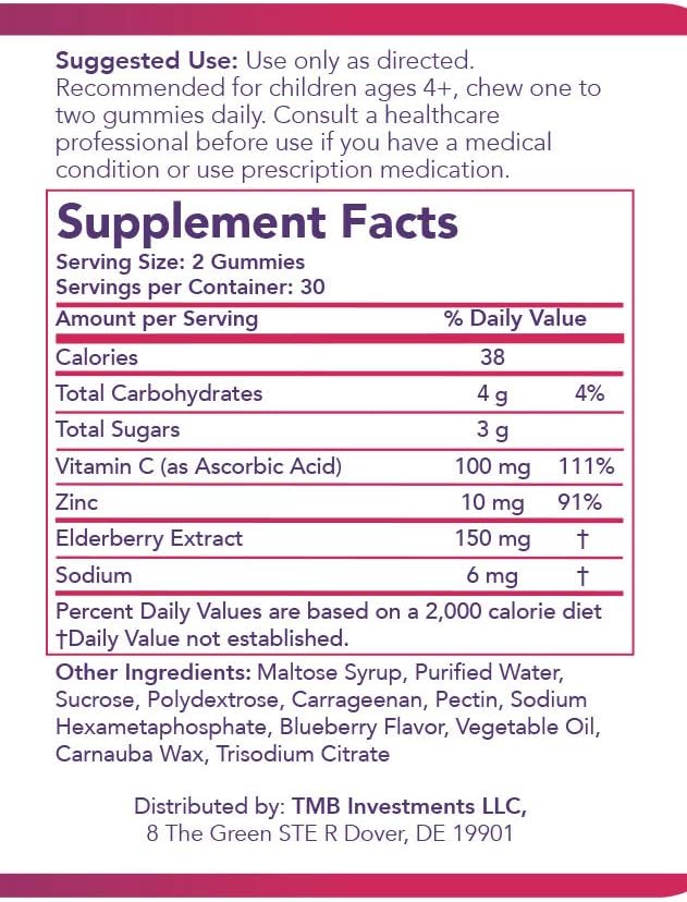 Natural Elderberry Immunity Support Gummies for Kids with Vitamin C & Zinc - Gluten Free, Vegetarian - 60 Gummies