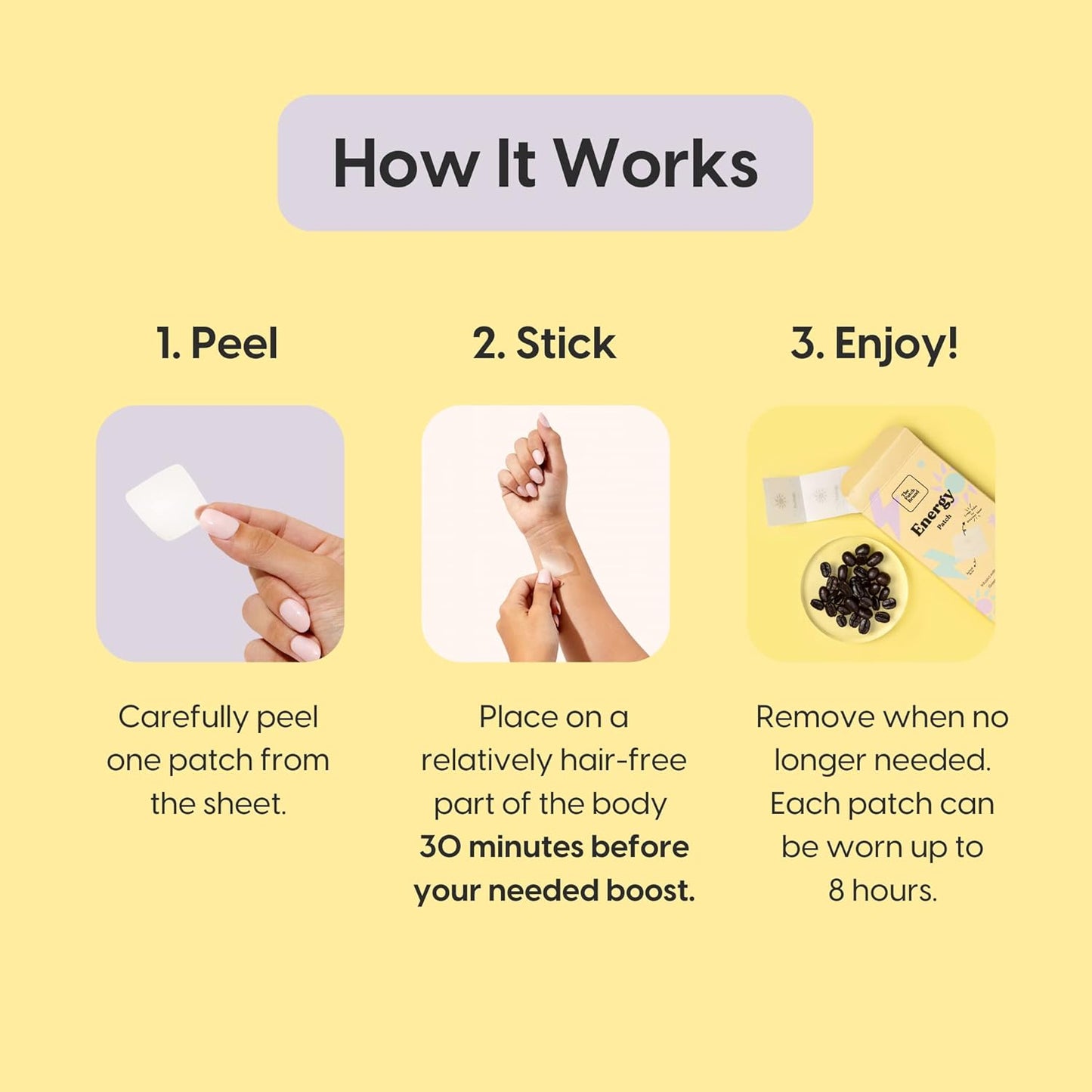 Natural Energy Boost Patches | Infused with Caffeine and B Vitamins | Plant-Based, Long-Lasting Water Resistant Patch