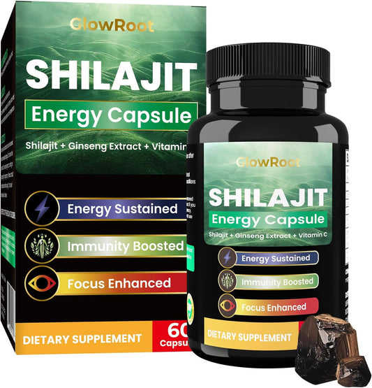 Natural Energy Boost Shilajit Capsules with Fulvic Acid, Minerals, Taurine, Vitamin C, B, Guarana Extract - 60 Capsules for Immune Health and Vitality