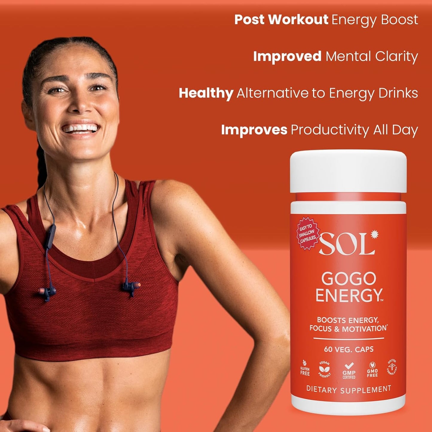 Natural Energy Boost Supplement for Men & Women: Sol Nutrition GoGo Energy - Cortisol Regulation, Focus Support, Herbal Alternative