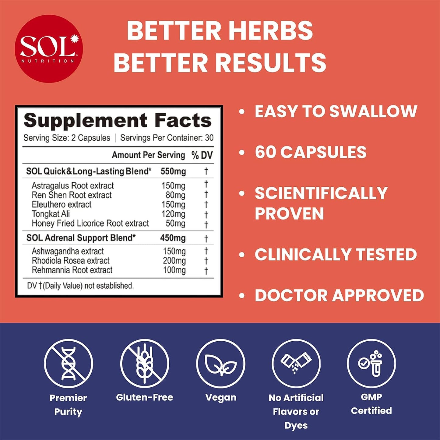 Natural Energy Boost Supplement for Men & Women: Sol Nutrition GoGo Energy - Cortisol Regulation, Focus Support, Herbal Alternative