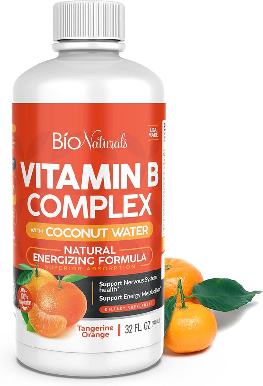 Natural Energy Boost Vitamin B Complex Liquid Supplement with B1 B2 B3 B5 B6 B12 & Organic Coconut Water - 32 fl oz