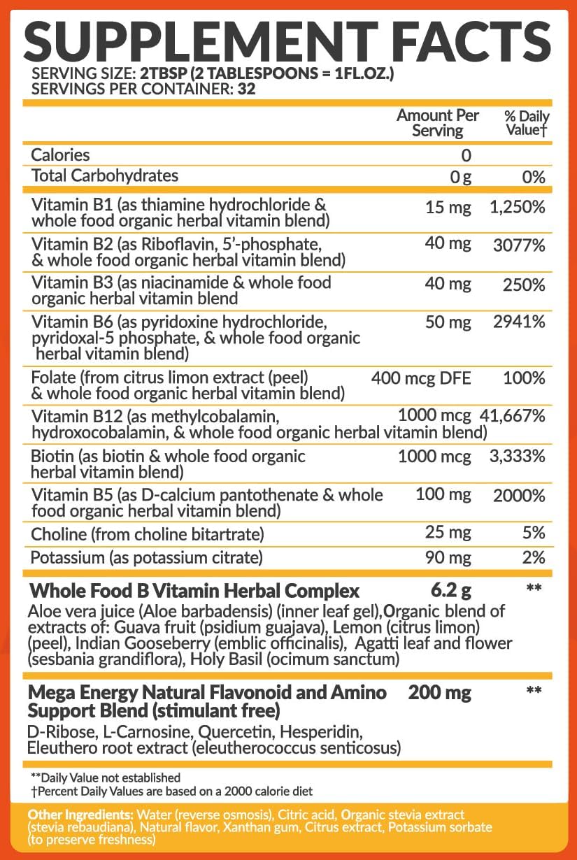 Natural Energy Boost Vitamin B Complex Liquid Supplement with B1 B2 B3 B5 B6 B12 & Organic Coconut Water - 32 fl oz