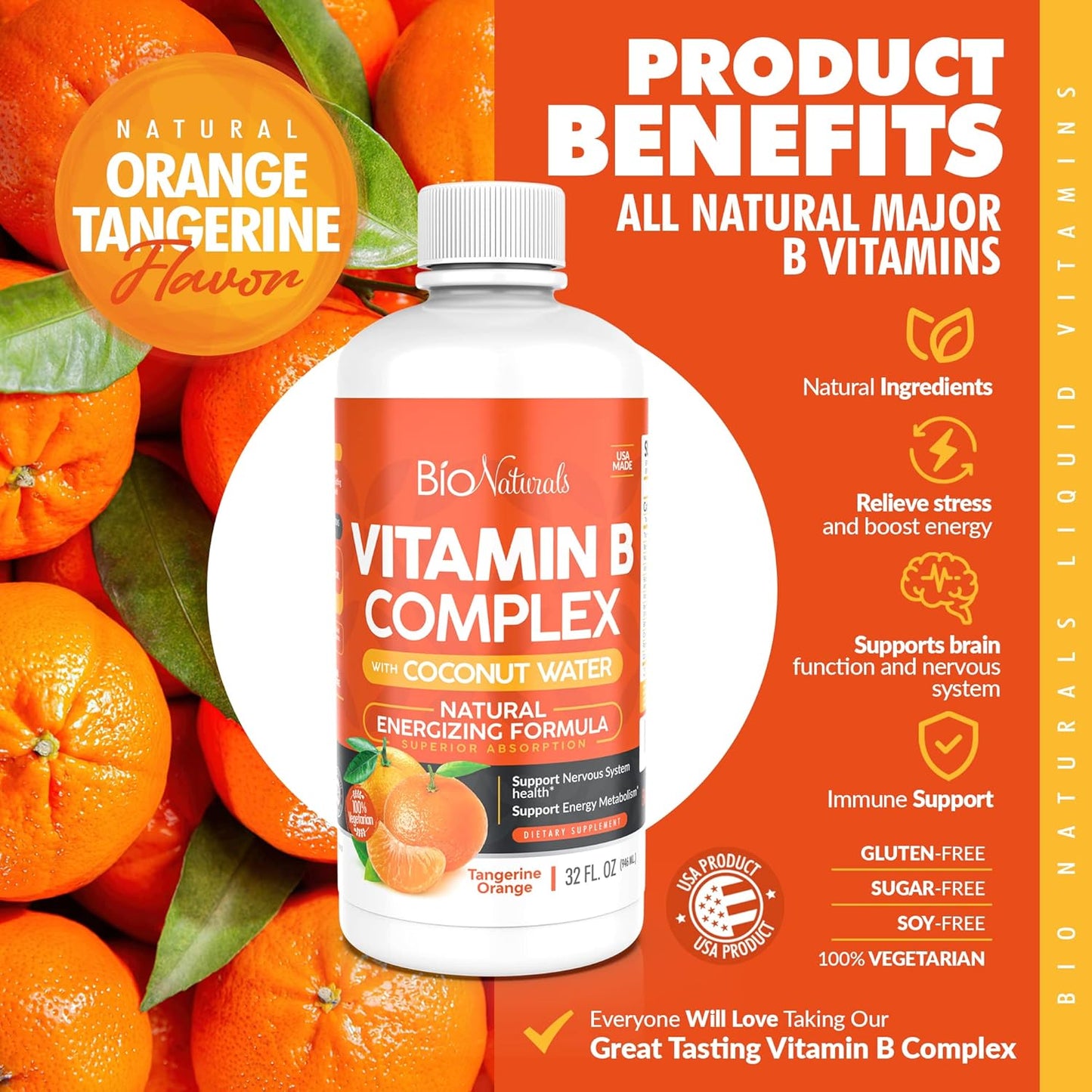 Natural Energy Boost Vitamin B Complex Liquid Supplement with B1 B2 B3 B5 B6 B12 & Organic Coconut Water - 32 fl oz