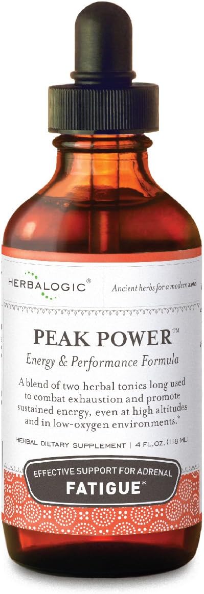 Natural Energy Formula with American Ginseng & Astragalus for Adrenal Fatigue - Herbalogic Peak Power Liquid Herb Drops - 4 Fl. Oz.