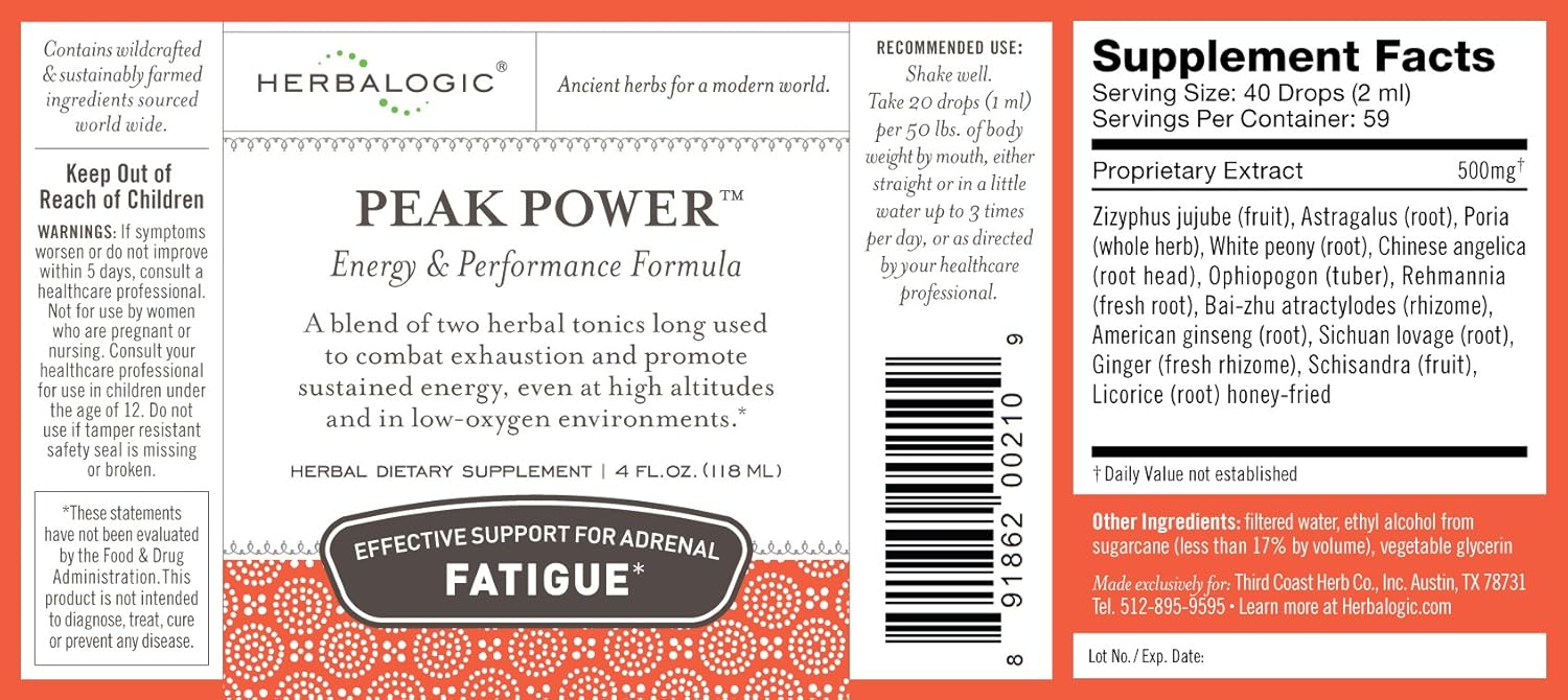 Natural Energy Formula with American Ginseng & Astragalus for Adrenal Fatigue - Herbalogic Peak Power Liquid Herb Drops - 4 Fl. Oz.