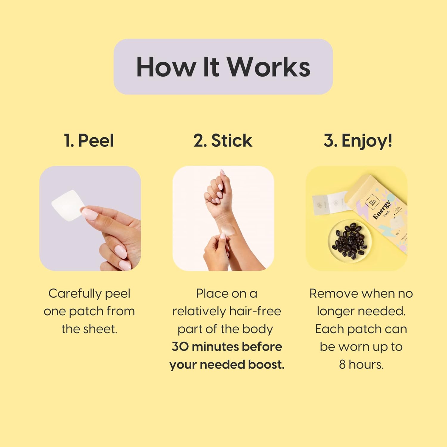 Natural Energy Patches with Caffeine, B5, and B3 | Plant-Based, Cruelty-Free, Water-Resistant | Long-Lasting Energy Support