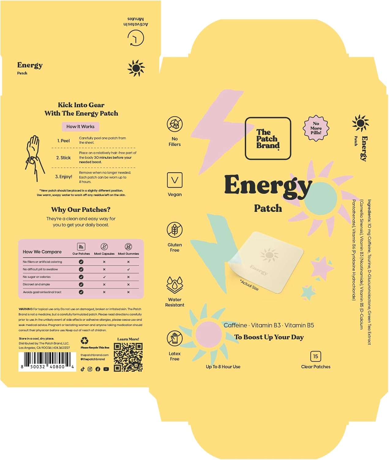 Natural Energy Patches with Caffeine, B5, and B3 | Plant-Based, Cruelty-Free, Water-Resistant | Long-Lasting Energy Support