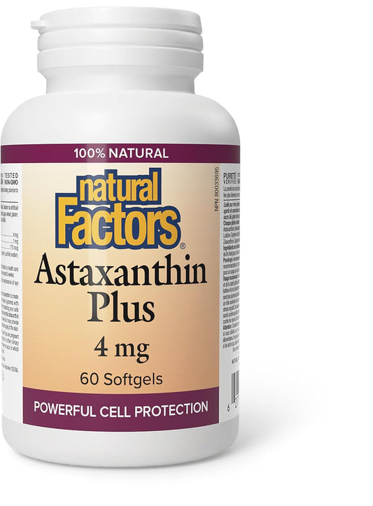 Natural Factors Astaxanthin Plus 4mg Capsules - 60 Count Bottle for Antioxidant Support