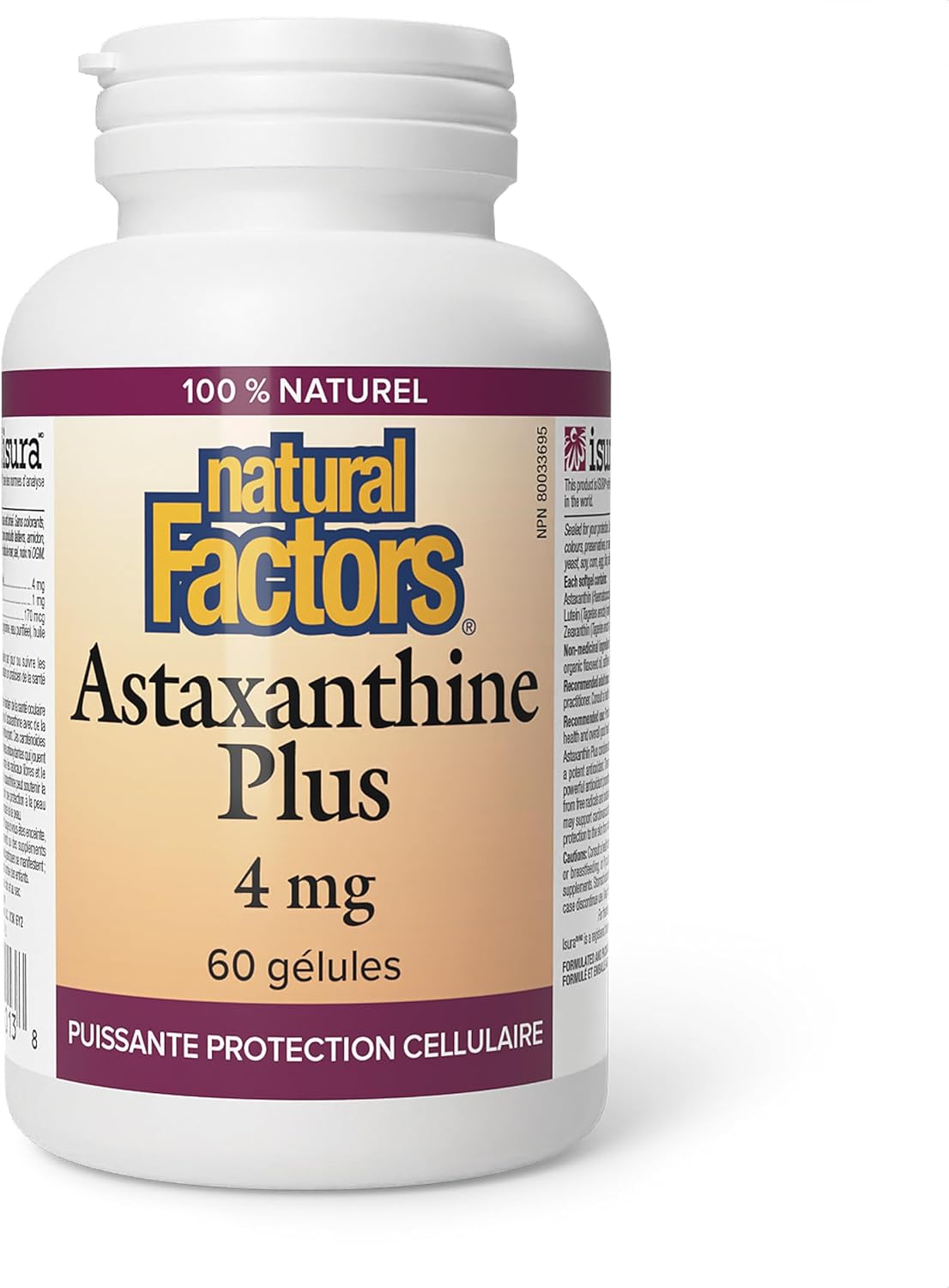 Natural Factors Astaxanthin Plus 4mg Capsules - 60 Count Bottle for Antioxidant Support