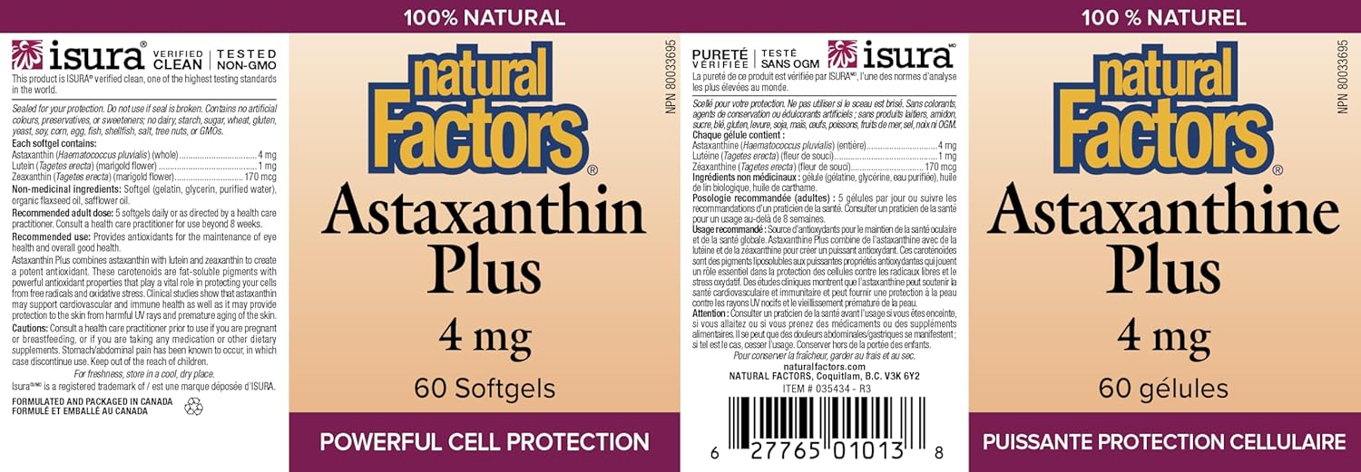 Natural Factors Astaxanthin Plus 4mg Capsules - 60 Count Bottle for Antioxidant Support