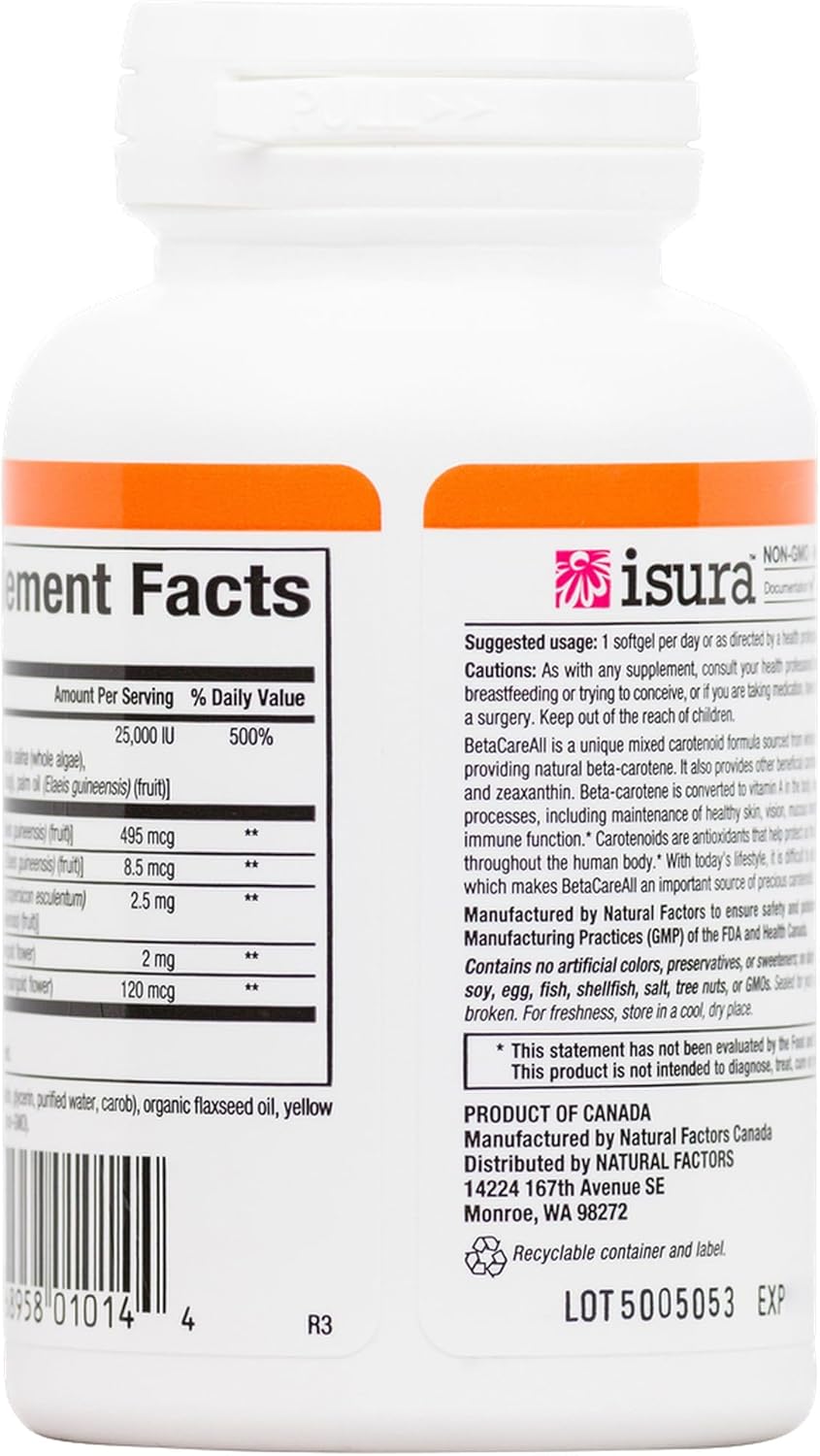 Natural Factors BetaCareAll 25,000 IU Softgels for Skin, Vision, and Immune Support - 90 Count