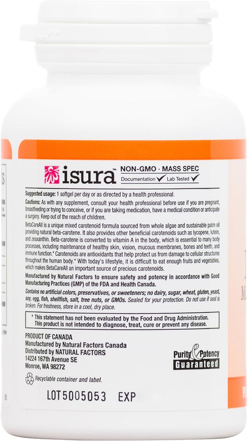 Natural Factors BetaCareAll 25,000 IU Softgels for Skin, Vision, and Immune Support - 90 Count
