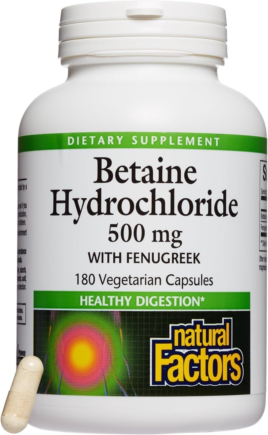 Natural Factors Betaine HCL 500mg Capsules for Healthy Digestion & Microbiome - 180 Servings