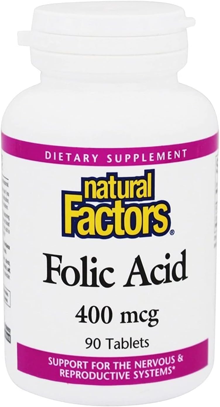 Natural Factors Folic Acid 400mcg Tablets for Nervous & Reproductive System Support - 90 Count
