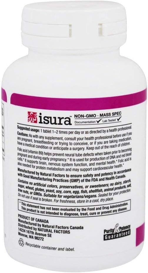 Natural Factors Folic Acid 400mcg Tablets for Nervous & Reproductive System Support - 90 Count