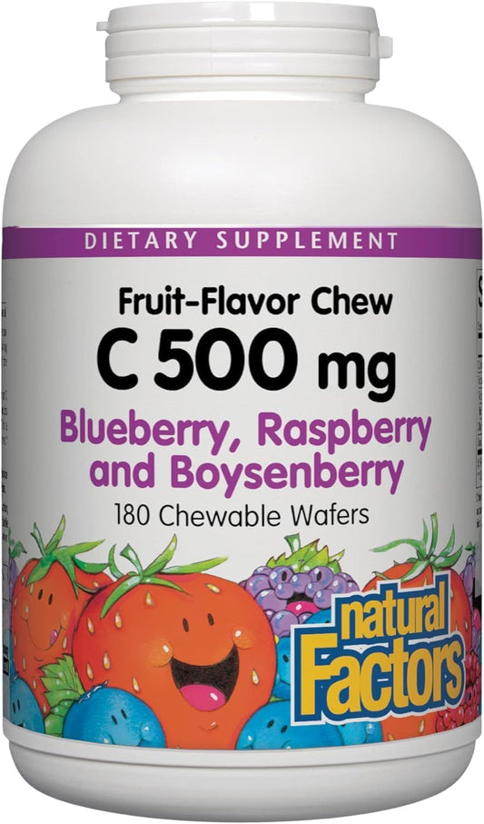 Natural Factors Kids Chewable Vitamin C 500mg Wafers with Blueberry, Raspberry, and Boysenberry for Immune Health, Teeth, and Gums - 180 Count