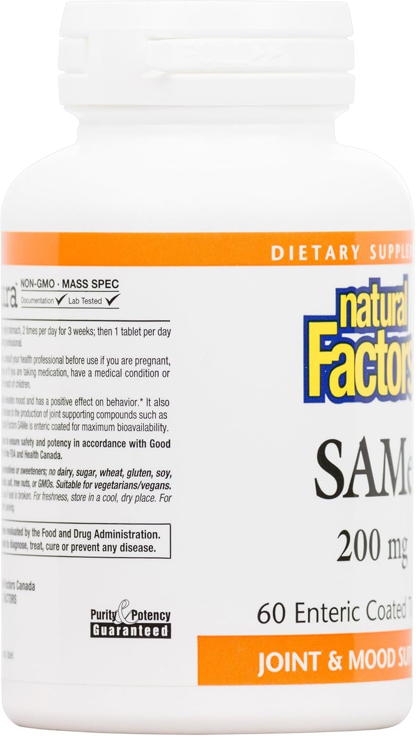 Natural Factors SAMe 200mg Tablets for Mood Elevation and Joint Health - 60 Servings
