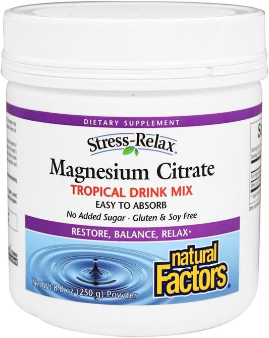 Natural Factors Stress-Relax Magnesium Citrate Drink Mix, Tropical Flavor, 8.8 oz - Non-GMO, Restores Magnesium Levels & Balances Calcium - 75 Servings