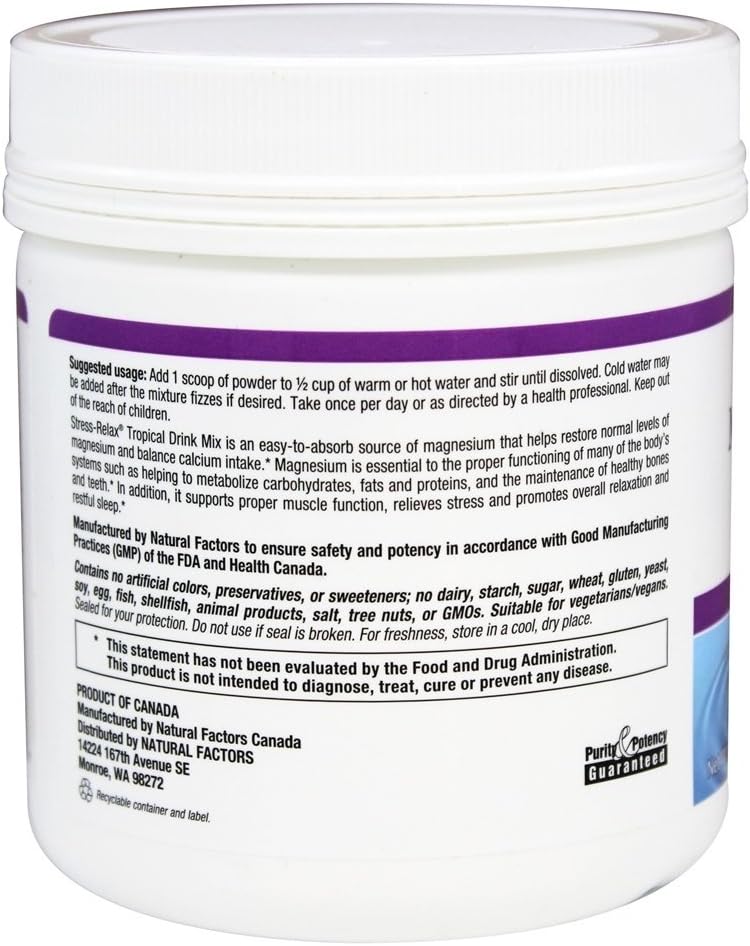 Natural Factors Stress-Relax Magnesium Citrate Drink Mix, Tropical Flavor, 8.8 oz - Non-GMO, Restores Magnesium Levels & Balances Calcium - 75 Servings