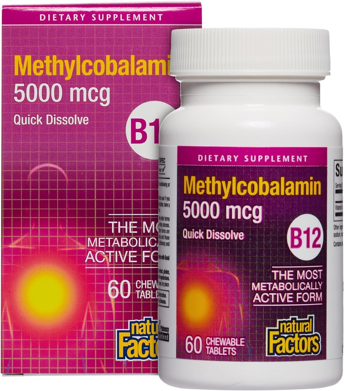 Natural Factors Vitamin B12 Methylcobalamin 5000 mcg Chewable Tablets for Energy and Immune Health - Vegetarian - 60 Servings