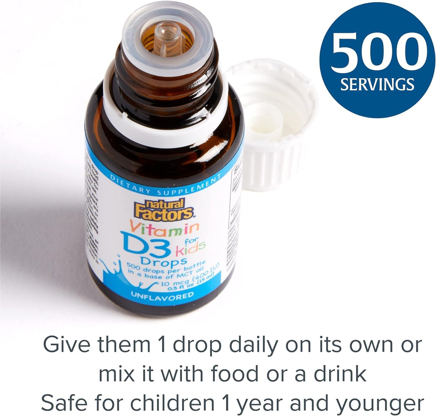 Natural Factors Vitamin D3 Drops 400 IU for Kids - Promotes Healthy Bones & Immune System - 0.5 fl oz