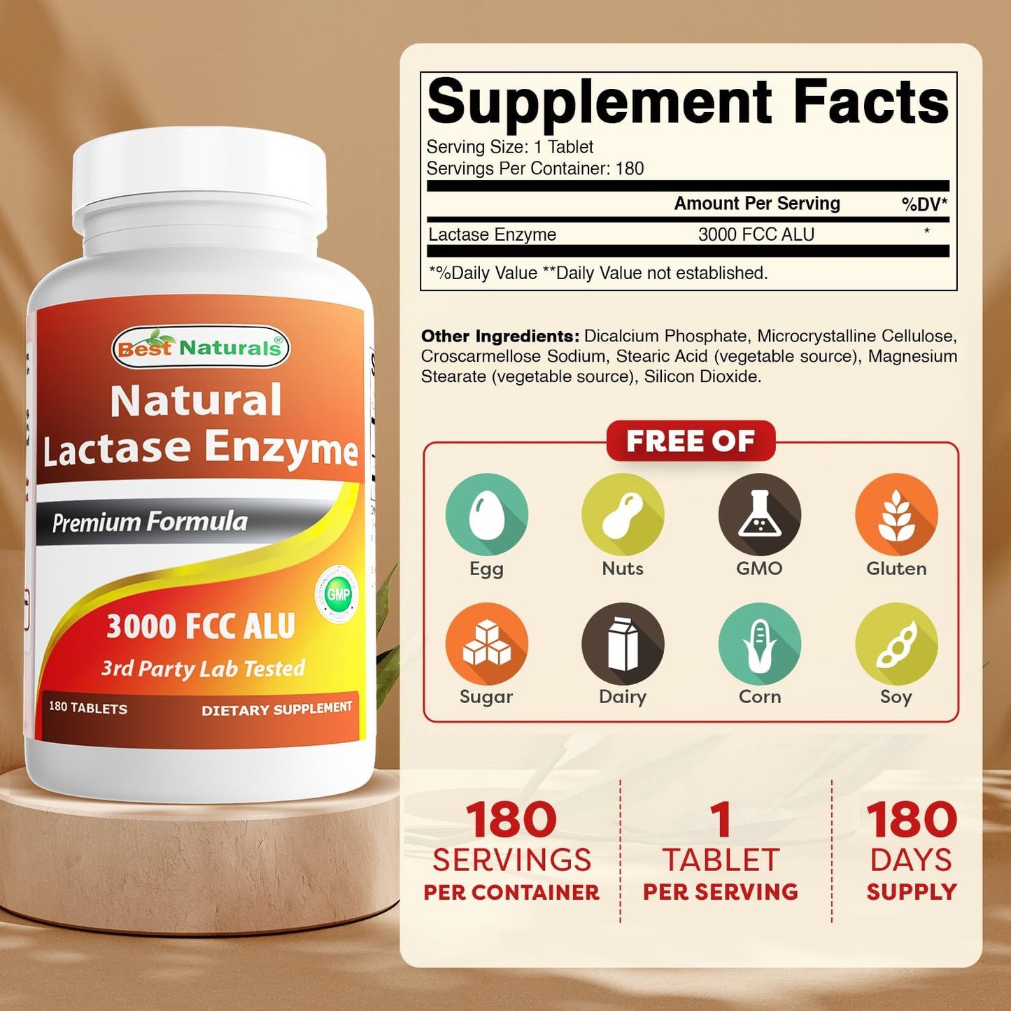 Natural Fast-Acting Lactase Enzyme Tablets - 3000 FCC ALU - 360 Count