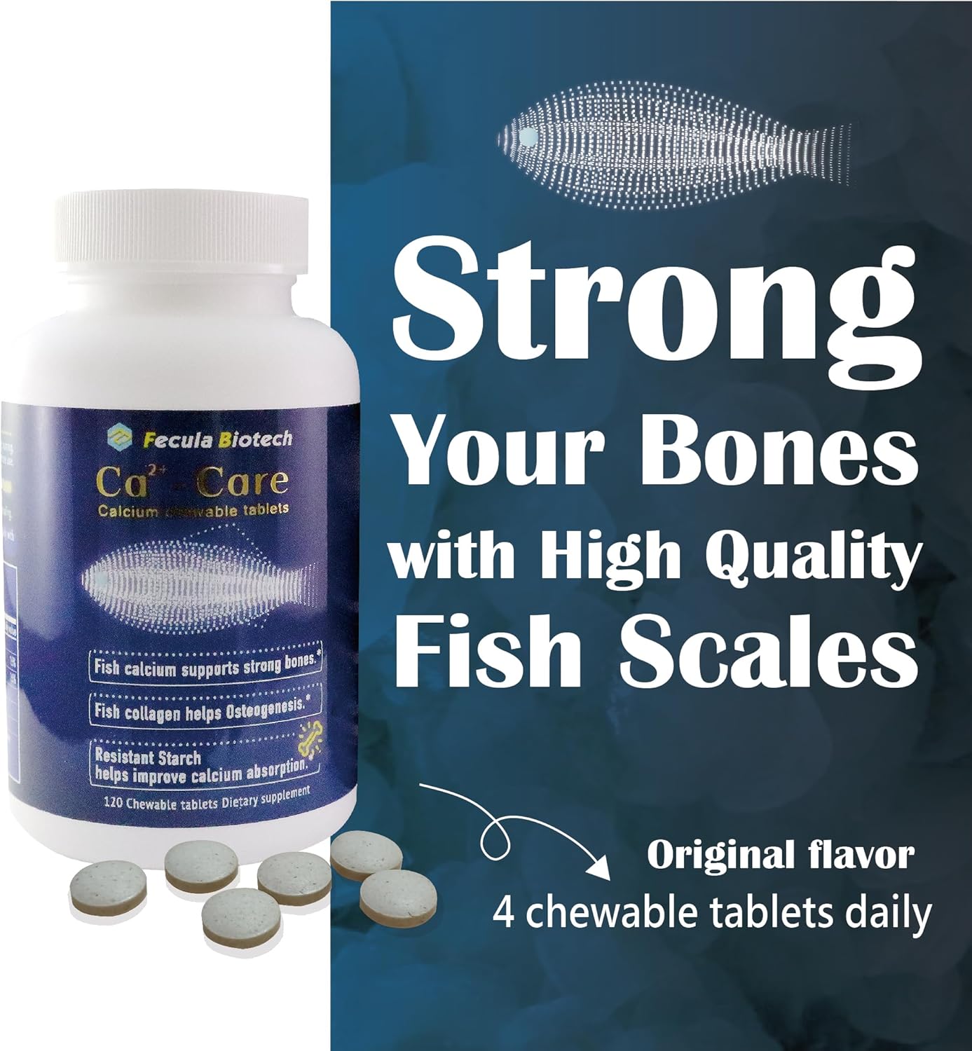 Natural Fish Scale Calcium Supplement for Strong Bones Density | Chewable Tablets for All Ages | Fecula Biotech Bone Health and Muscle Support