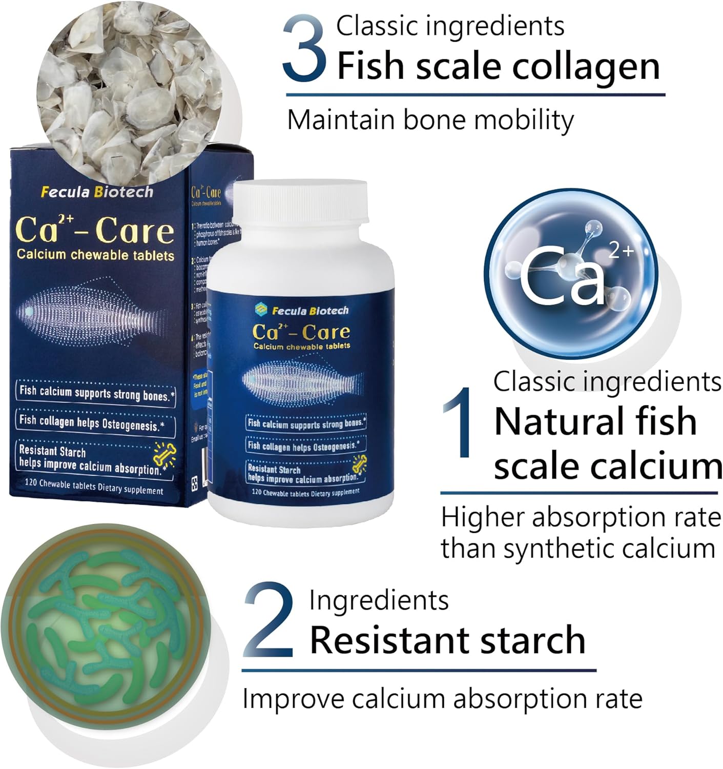 Natural Fish Scale Calcium Supplement for Strong Bones Density | Chewable Tablets for All Ages | Fecula Biotech Bone Health and Muscle Support
