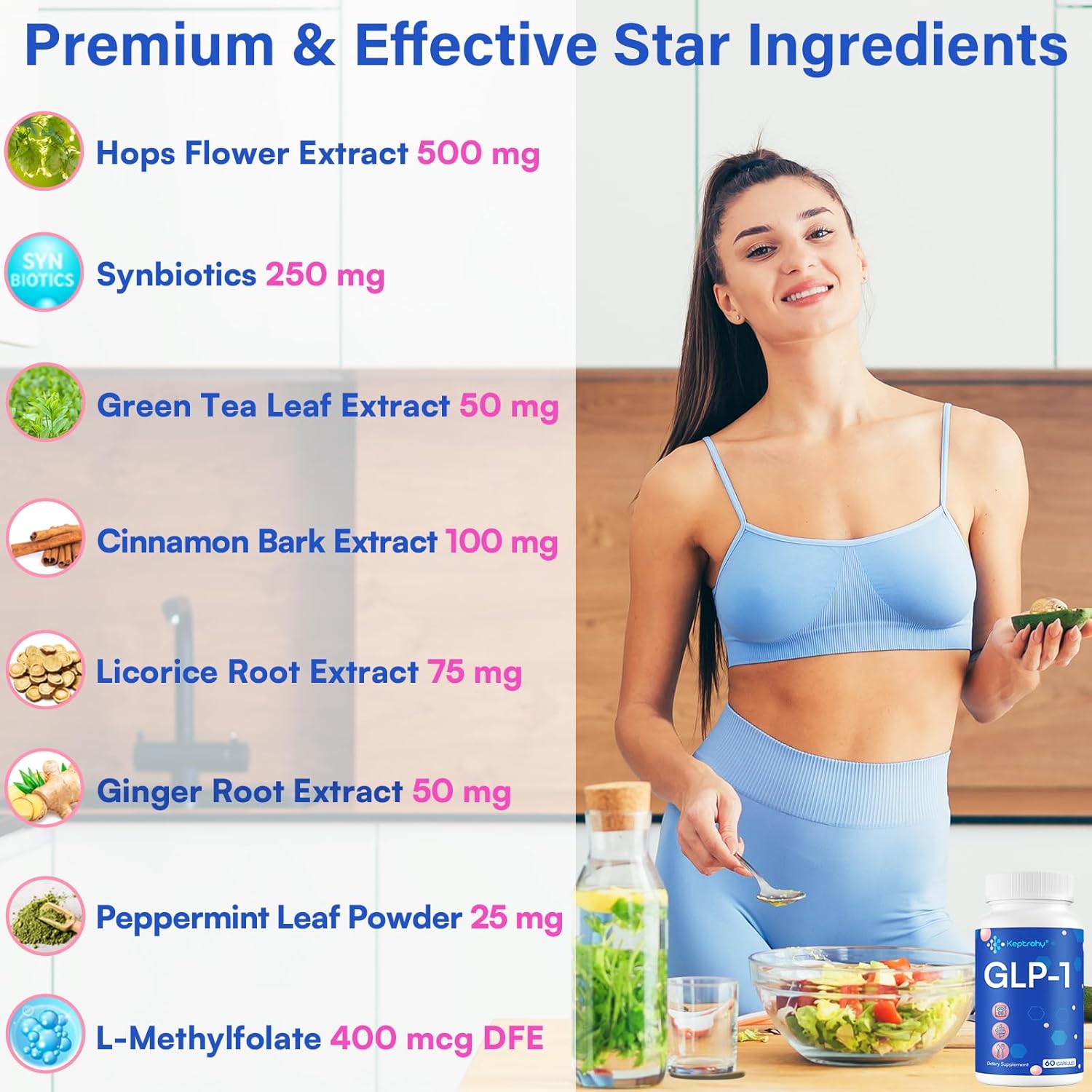 Natural GLP-1 Support Supplement with Synbiotics, Hops Extract, Eriocitrin - 3 Pack for Men and Women, Take Before Meal