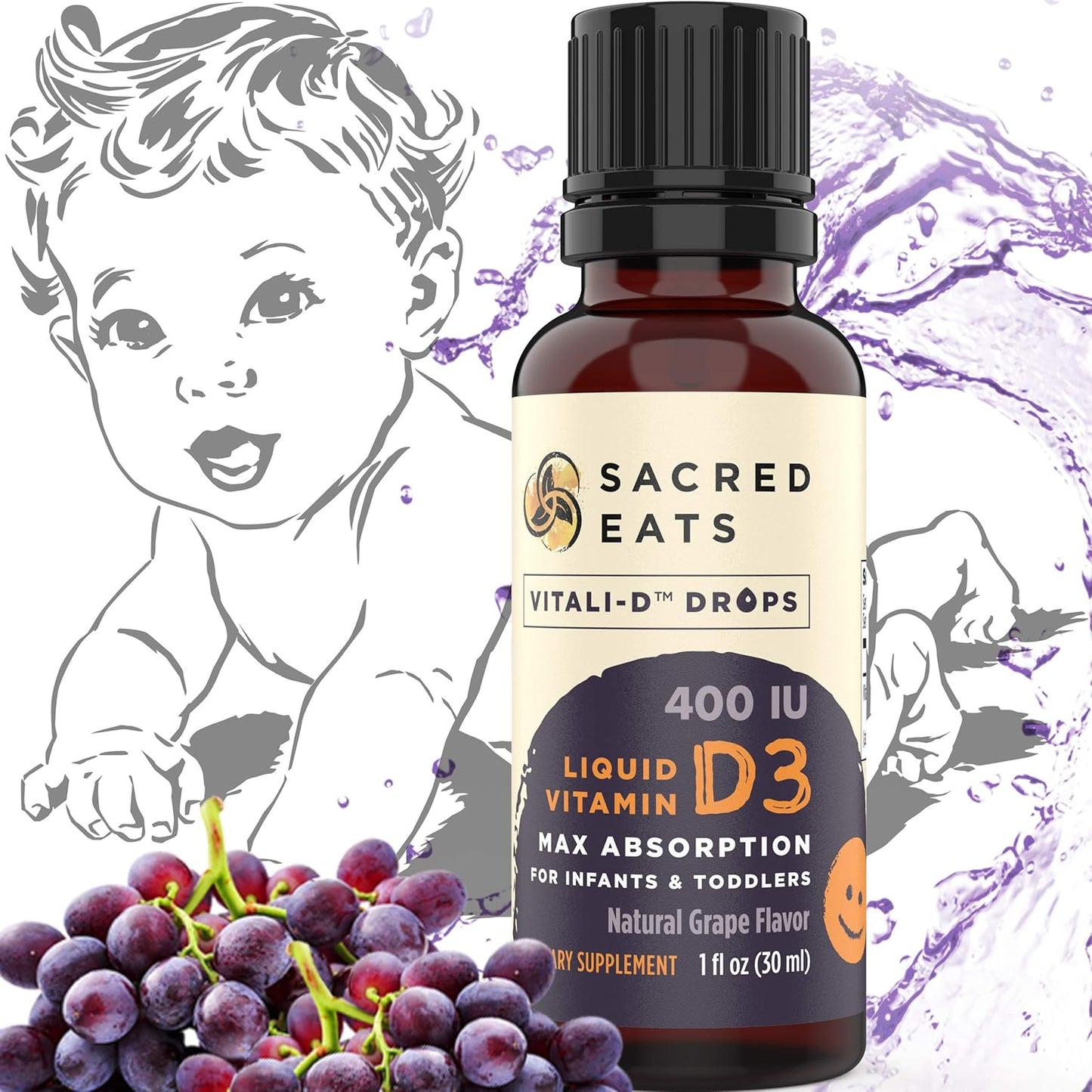 Natural Grape Flavor Infant Vitamin D Drops - 400 IU Per Drop, Sugar-Free MCT Oil for Best Absorption. 880 Servings Liquid D3 Supplement for Babies & Toddlers.