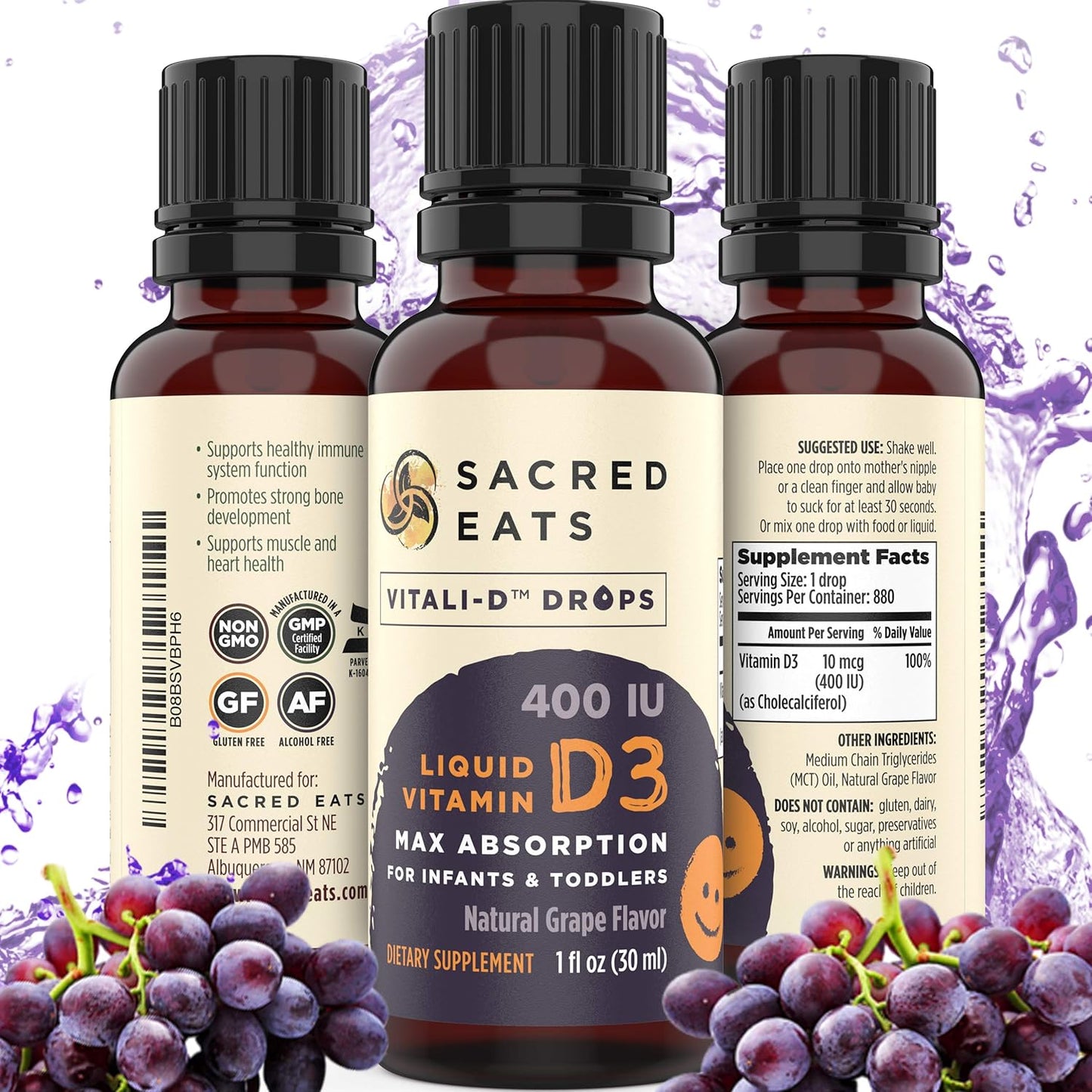 Natural Grape Flavor Infant Vitamin D Drops - 400 IU Per Drop, Sugar-Free MCT Oil for Best Absorption. 880 Servings Liquid D3 Supplement for Babies & Toddlers.
