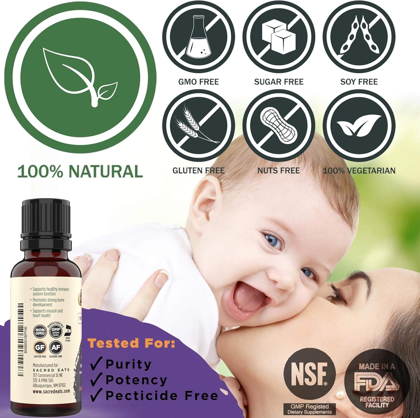 Natural Grape Flavor Infant Vitamin D Drops - 400 IU Per Drop, Sugar-Free MCT Oil for Best Absorption. 880 Servings Liquid D3 Supplement for Babies & Toddlers.