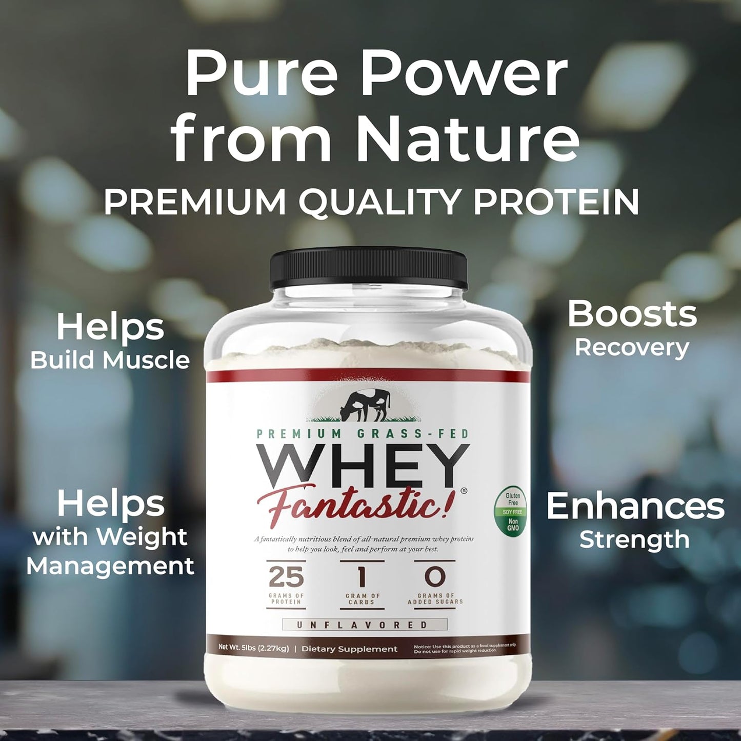 Natural Grass-Fed Whey Protein Powder - 3-Whey Blend, Unflavored, 25g Protein per Serving - 5lb - 75 Servings