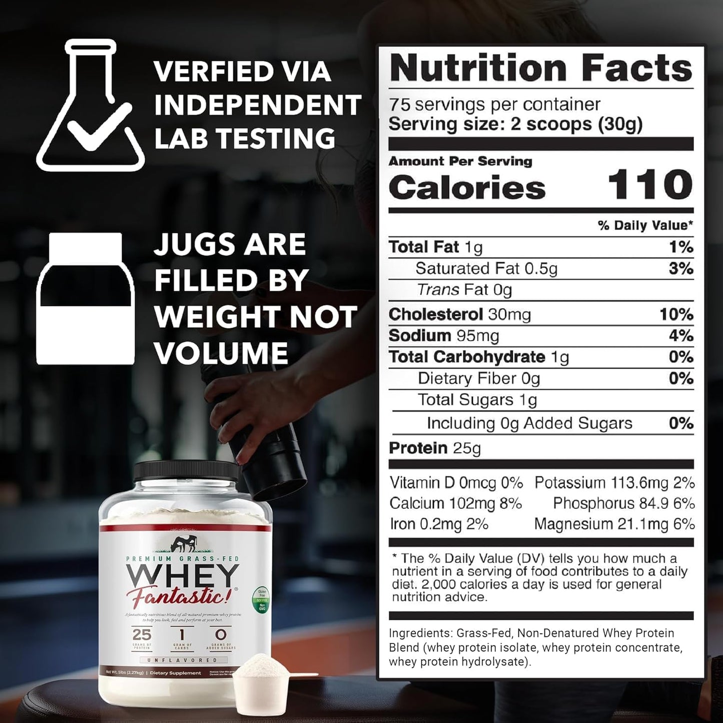 Natural Grass-Fed Whey Protein Powder - 3-Whey Blend, Unflavored, 25g Protein per Serving - 5lb - 75 Servings