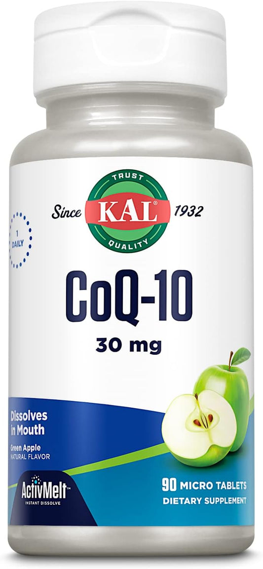 Natural Green Apple Flavored KAL CoQ10 30mg ActivMelts - Heart Health Antioxidant Supplement - Vegetarian - 90 Servings