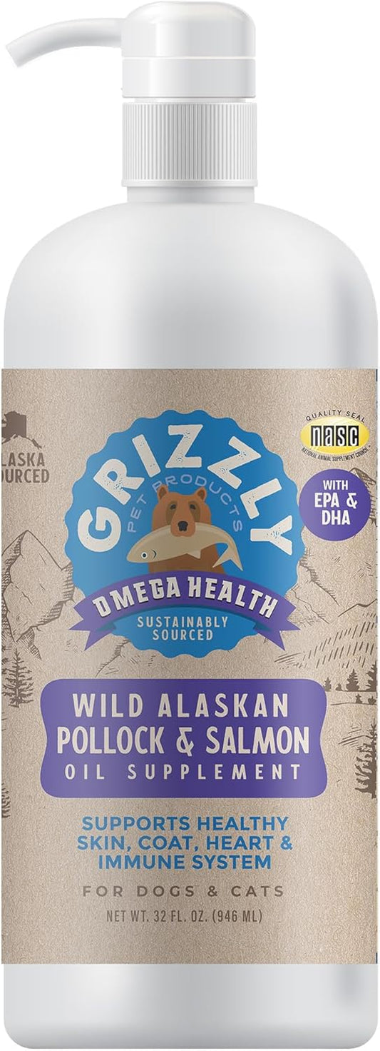 Natural Grizzly Omega Health Supplement for Dogs & Cats, Wild Salmon and Pollock Oil Blend Omega-3 Formula
