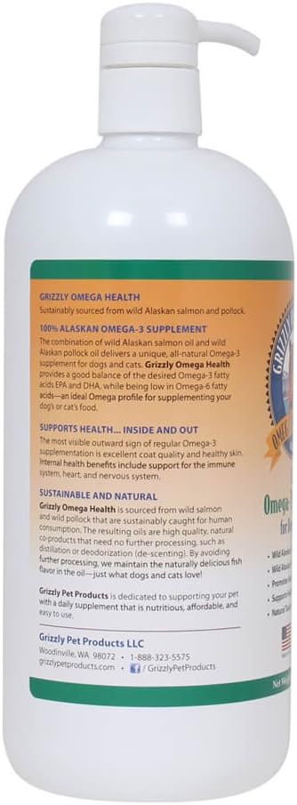 Natural Grizzly Omega Health Supplement for Dogs & Cats, Wild Salmon and Pollock Oil Blend Omega-3 Formula