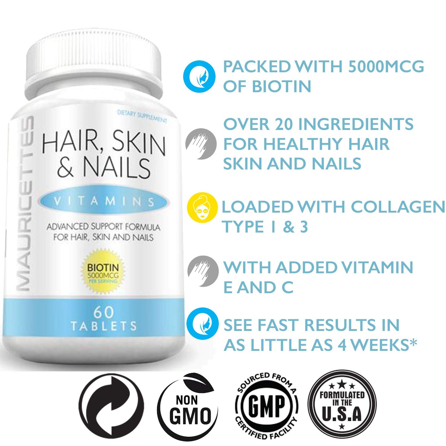 Natural Hair Skin and Nails Vitamins with Collagen, Biotin, and Keratin - 20+ Ingredient Blend for Growth and Strength